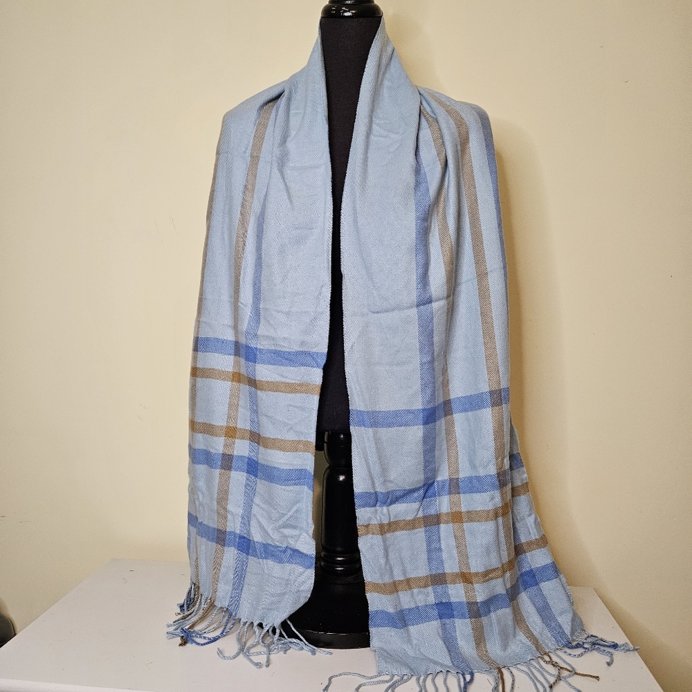 Blue and Tan Plaid Scarf Unbranded